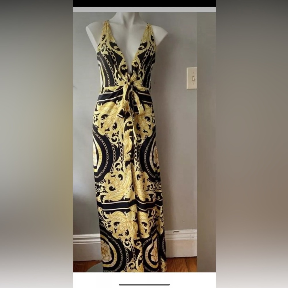 Guess by Marciano Black and Gold Ruched Tie Front Maxi Dress